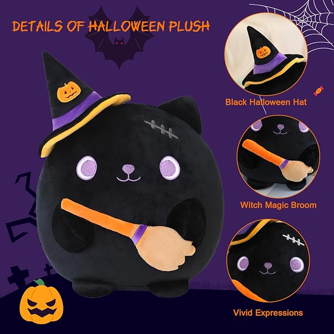 Halloween Cat Stuffed Animal Toy Mysterious Witch with Broom Stuffed Plush Home Decor Halloween Party Gifts for Kids Girls and Boys（Witch Broom Cat 10 Inch）