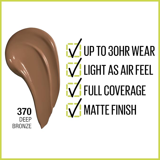 Maybelline Super Stay Full Coverage Liquid Foundation Active Wear Makeup, Up to 30Hr Wear, Transfer, Sweat & Water Resistant, Matte Finish, Deep Bronze, 1 Count