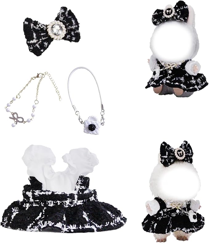 17cm Doll Clothes Set and Accessories Suit,(NO Doll) 5-Piece Set, Clothes for labubu, Festival Gift, Includes Dress, White Clothes，Matching Hair Bow, Necklace, Bags(Black)