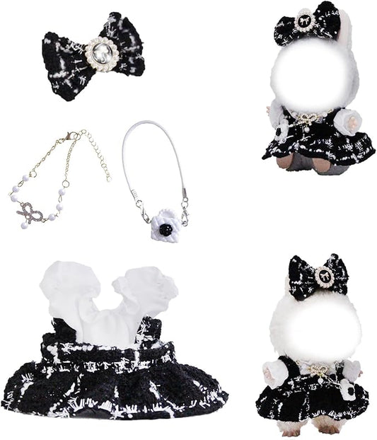 17cm Doll Clothes Set and Accessories Suit,(NO Doll) 5-Piece Set, Clothes for labubu, Festival Gift, Includes Dress, White Clothes，Matching Hair Bow, Necklace, Bags(Black)