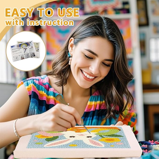 Doodlream Easter Rabbit Eggs DIY Punch Needle Embroidery Kit for Adult Beginner, 9.4" Cute Bunny Animal Punch Stitching Craft Set for Starter with Frame,Fabric Pattern,Threader, Yarn, Pinch Needle
