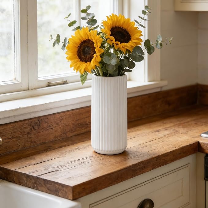 White Ceramic Flower Vase for Pampas Grass, 8 inch Small Decorative Centerpiece Ribbed Vase for Dining Table, Office Desktop, Shelf Bookshelf, Mantel, Entryway, Bathroom, Countertop, Farmhouse, Gift