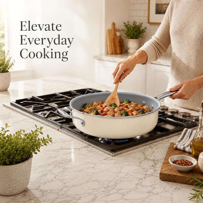 Kikcoin 12 Inch Ceramic Nonstick Frying Pan with Lid, 5 QT Deep Saute Pan for Cooking, Induction Ready Skillet with Stay Cool Handle, PFAS/PTFE/PFOA Free, Oven & Dishwasher Safe