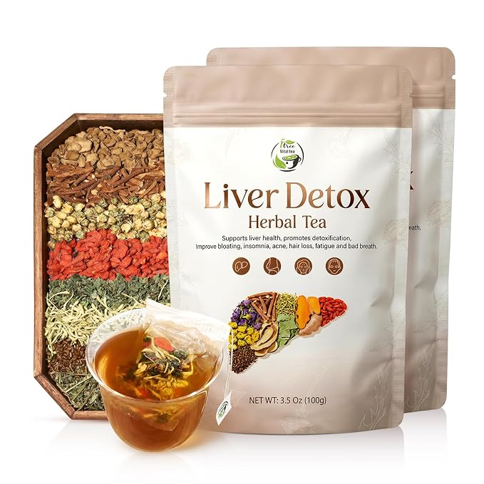 Liver Detox Herbal Tea, Liver Cleanse Detox Tea Blend with Milk Thistle, Dandelion Root, Chrysanthemum Natural Loose Leaf Tea for Liver Health, Includes Spoon & Tea Bags -2 Pack