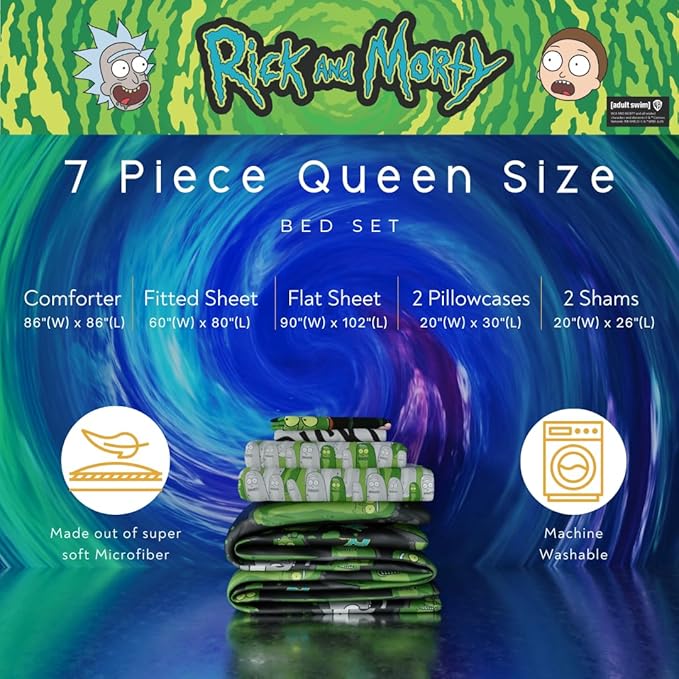 Rick & Morty Bedding 7 Piece Super Soft Cozy Reversible Comforter and Sheet Set with Sham, Queen, (Officially Licensed Product) By Franco
