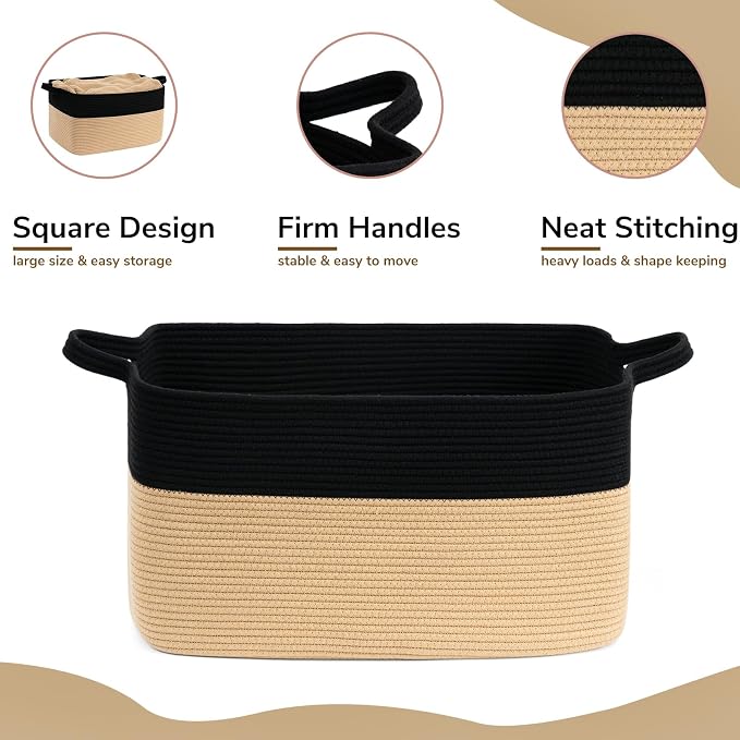 Goodpick Large Woven Blanket Basket, Rectangle, Black & Camel | 21.6'' x 14.9'' x 11.8'' Wicker Storage Basket for Toys & Blankets, Bedroom & Nursery Organization, Reinforced Handles