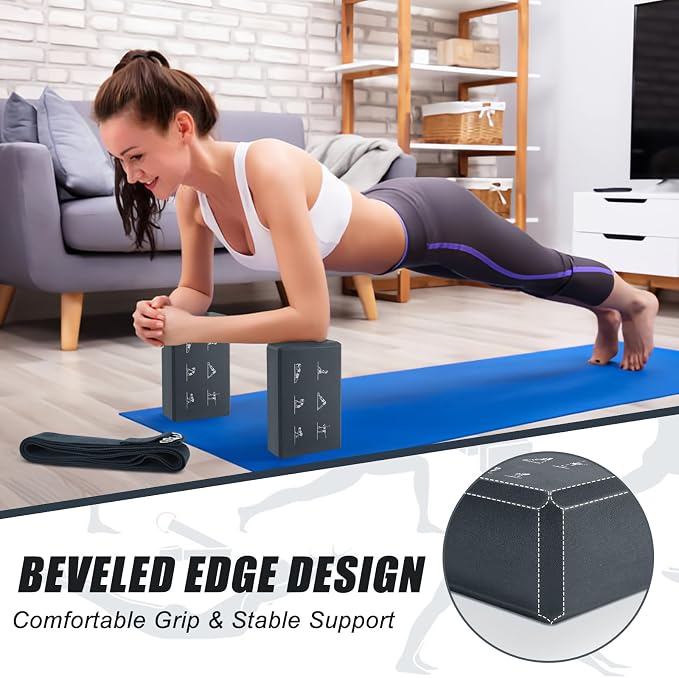 RETON Yoga Blocks Set with Straps, High Density Yoga Bricks, Lightweight EVA Foam Pilates Block, 2 Yoga Blocks with 2 Straps for Yoga, Pilates, Fitness, Stretching and Toning