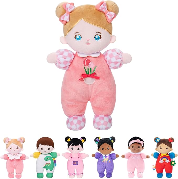 OUOZZZ Soft Baby Doll for Ages 3 and UP - Toys for Ages 3 and UP Birthday Christmas Plush Gift for Toddler Adorable First Doll Tulip Pink 10"