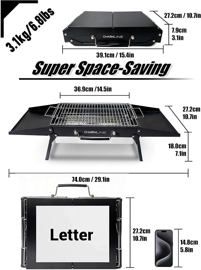 Charmline 15x11 inches Portable Charcoal Grill, Compact Portable BBQ Grill, Tabletop Charcoal Grills for Camping, Picnics, Gardens and Beach Parties, Black