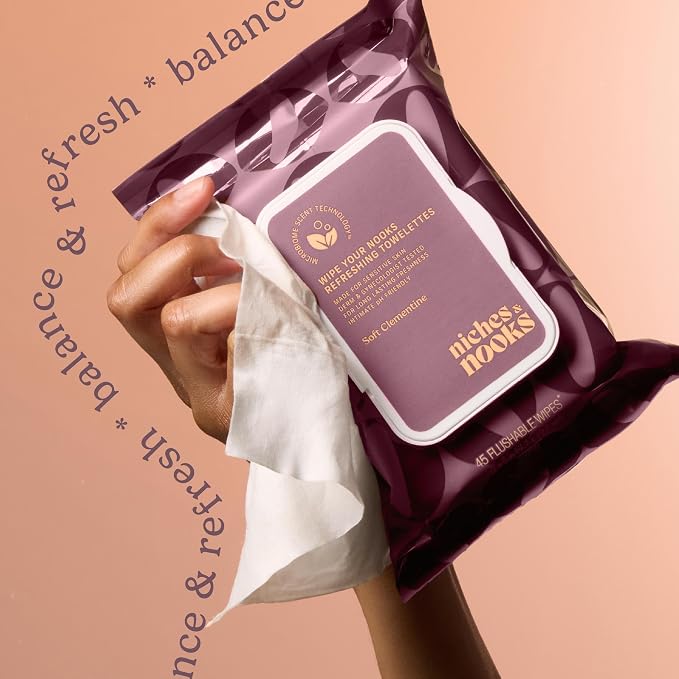Niches & Nooks pH Balanced Aloe Vera Feminine Flushable Wipes for Women with Sensitive Skin – Soft Clementine – Odor Neutralizing – Daily Intimate Flushable Feminine Hygiene Wipes – Vegan – 45 Ct.
