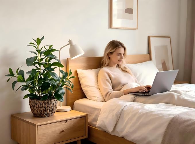 AlphaAcc Fake Indoor Ficus Plant in Rattan Basket Planter Home Office Decor | Realistic 18.8“ faux ficus plant in woven rattan basket with pebbles ideal home living room office table desk shelf decor