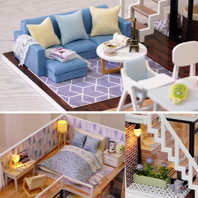 MAGQOO 3D Wooden Dollhouse Miniature DIY House Kit with Furniture,1:24 DIY Dollhouse Kit Dust Proof Included (Blue Times)