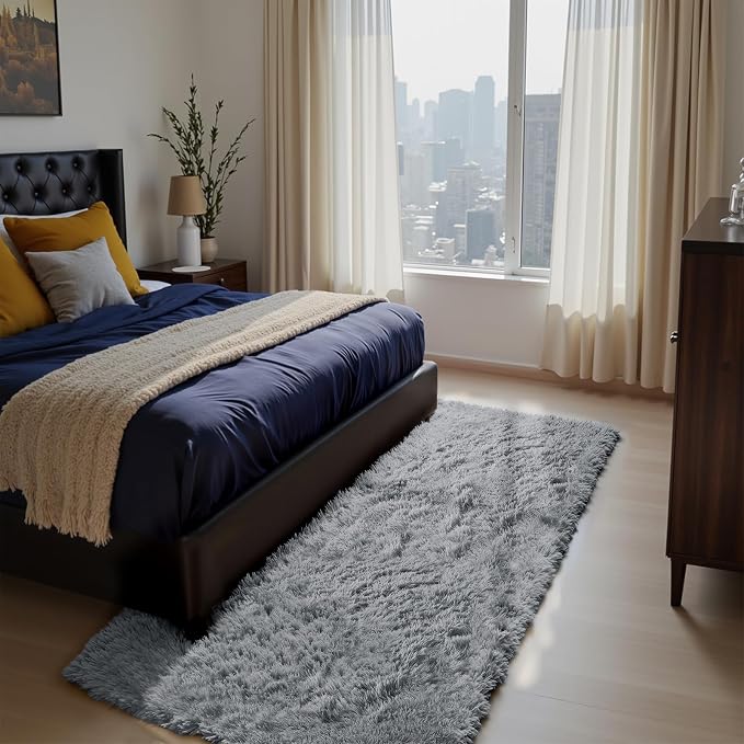 Soft Runner Rugs for Bedroom, Light Grey 2x6 Area Rugs Fluffy Rug Shag Area Rug Carpet, Bedside Rug for Living Room Bedroom Room Home Decor