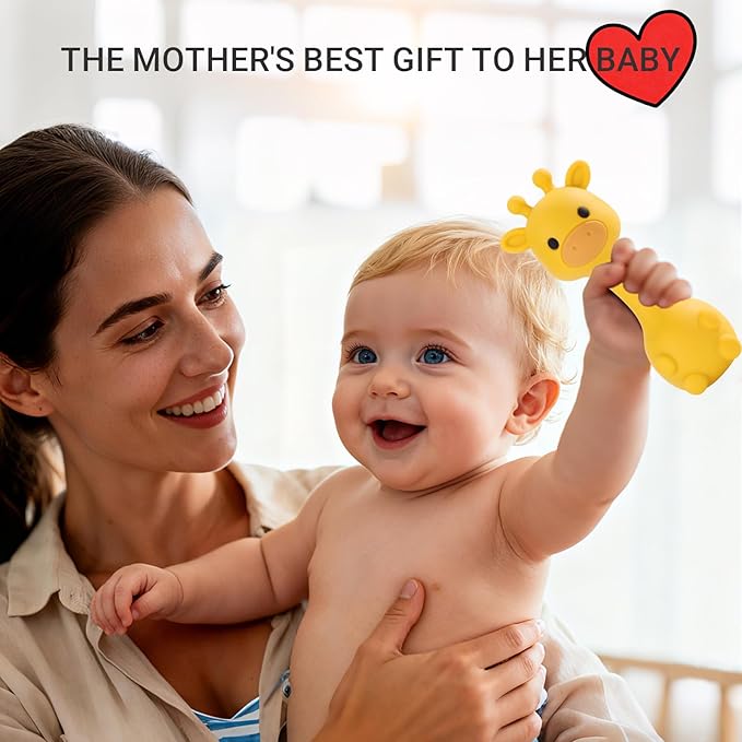 Giraffe Silicone Baby Teether Rattle Toy for 0-6 6-12 Months, BPA-Free Infant Teething Toy with Rattle Sound, Easy-Grip Design for Teething Relief (Mango)