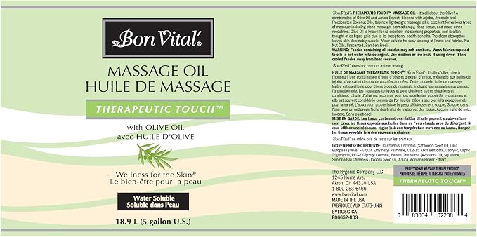 Bon Vital' Therapeutic Touch Massage Oil, 5-Gallon Pail, Unscented Massage Oil for Massage Therapy With Olive Oil, Lightweight Non-Greasy Formula, Professional-Grade for Dry Skin and Sore Muscles