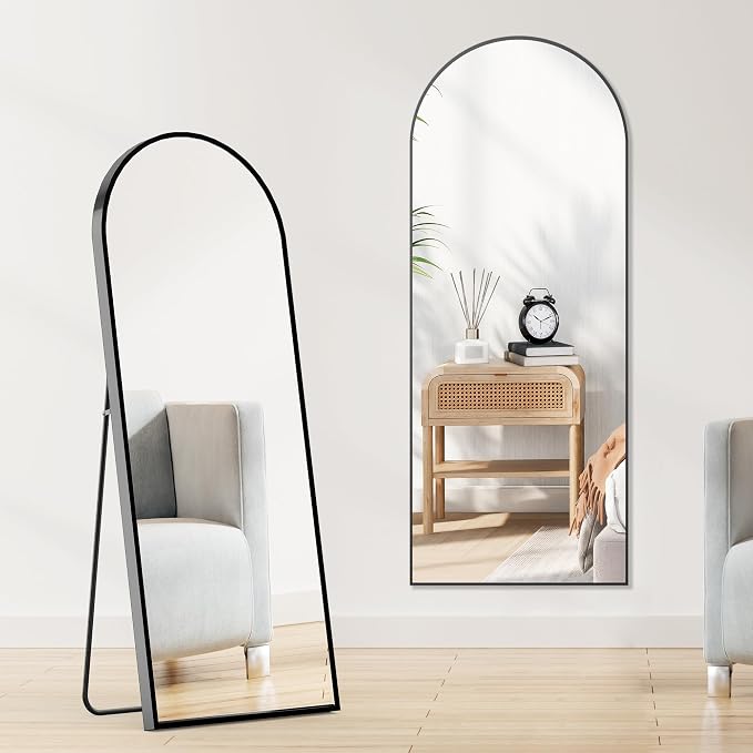 OLIXIS 64"x21.5" Arched Full Length Mirror with Stand, Body Mirror | Shatter-Proof Glass, Hanging or Leaning for Wall, Floor Standing, Bedroom Living Room, Long, Black