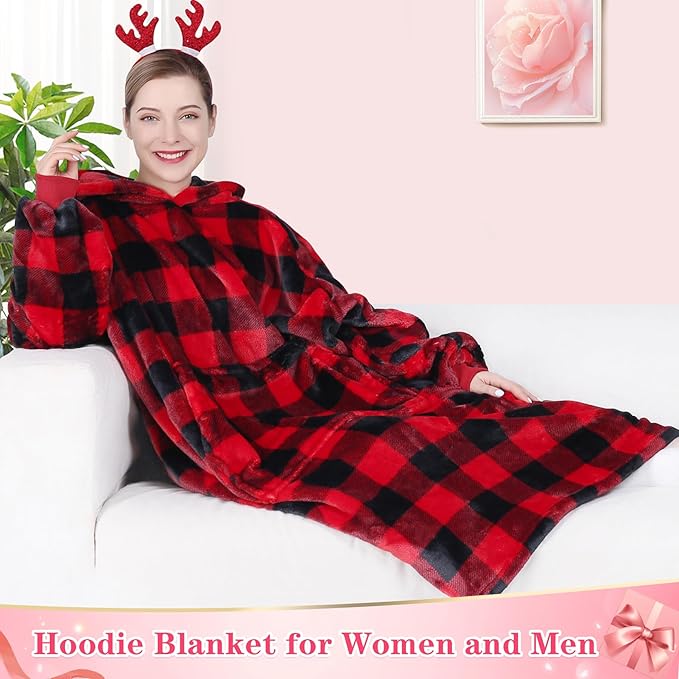 Waitu Wearable Blanket Hoodie Sweatshirt Gifts for Adult and Child, Warm and Cozy Giant Hoodie Blanket for Women and Men, Flannel Blanket with Sleeves - Red and Black Plaid