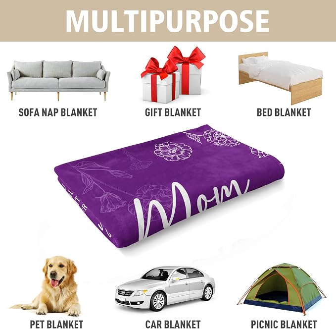 GiltGlimmer Mom Birthday Gifts, Mom Floral Blanket Purple, 60" x 50" | Gifts for Moms from Daughter Son, We Love You Present for Mother Mommy Christmas Mothers Day