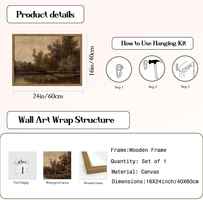 Framed Vintage Landscape Canvas Wall Art, Rustic Forest Lake Wall Decor Paintings, Retro Country Nature Pictures Prints Aesthetic Home Decor for Living Room Bedroom Office Farmhouse 16x24 inch