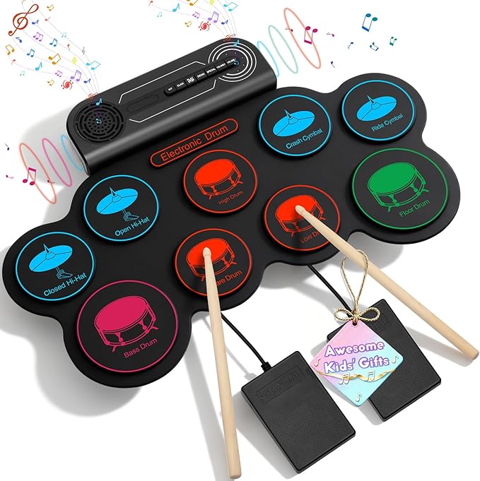 Electronic Drum Set, 9-Pad Kids Electric Drum Set Dual Stereo Speaker, MIDI. Portable Roll Up Drums Practice Pad for Kids, Perfect Birthday&Christmas Gift for Boys&Girls