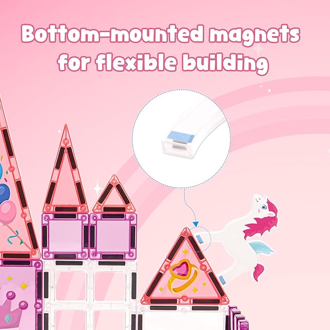 Magnetic Tiles (58PCS), Pegasus Castle STEM Building Set with Princess and Prince, Educational Toys Gift for Girls Ages 3+