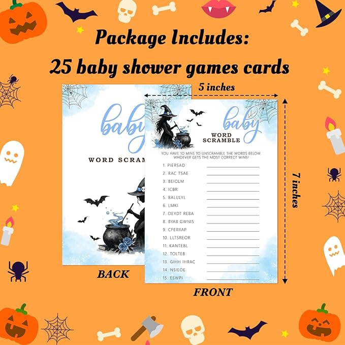 Hilarious Baby Shower Games, 25 Sets Halloween Baby Word Scramble + Answer Card, Blue Witch Gender Reveal Game Cards for Party Announcement Supplies - B09