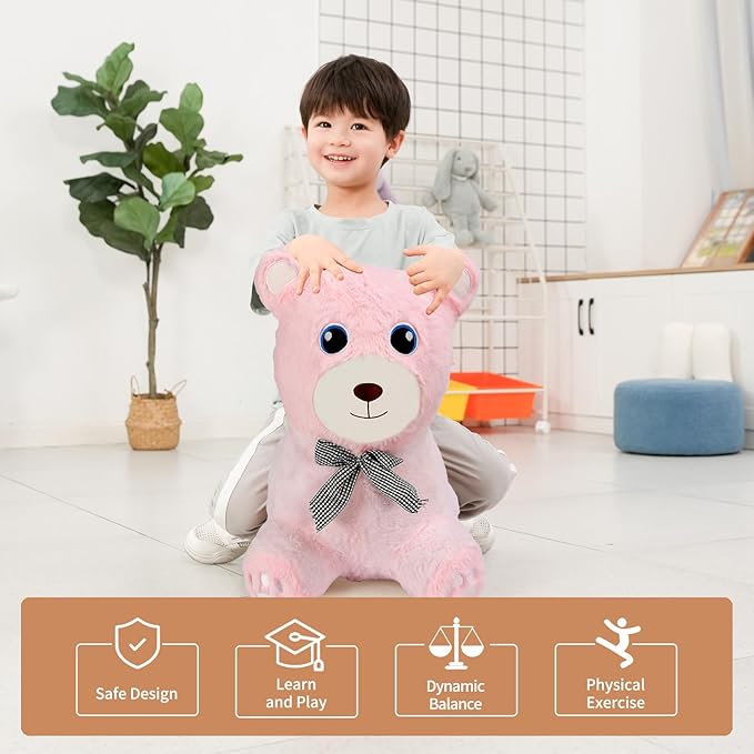 INPANY Bear Bouncy Horse Hopper Toys, Toddler Girl Plush Bouncing Animal, Baby Inflatable Bounce Buddies, Kid Ride on Rubber Bouncer, Outdoor Indoor Cute Birthday Gift Toy for 2 3 4 Year Old Girl Boy