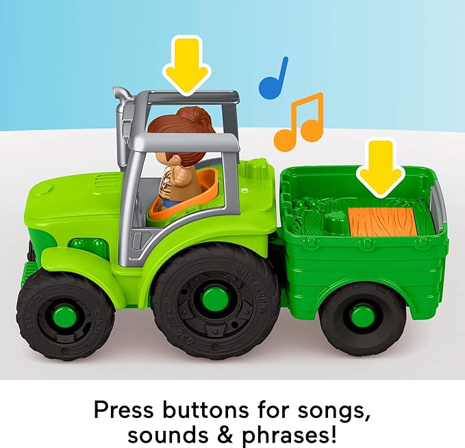 Fisher-Price Little People Toddler Toy Push & Play Tractor Push-Along Musical Farm Vehicle with 2 Figures for Pretend Play Kids Ages 1+ Years, Multilanguage Version