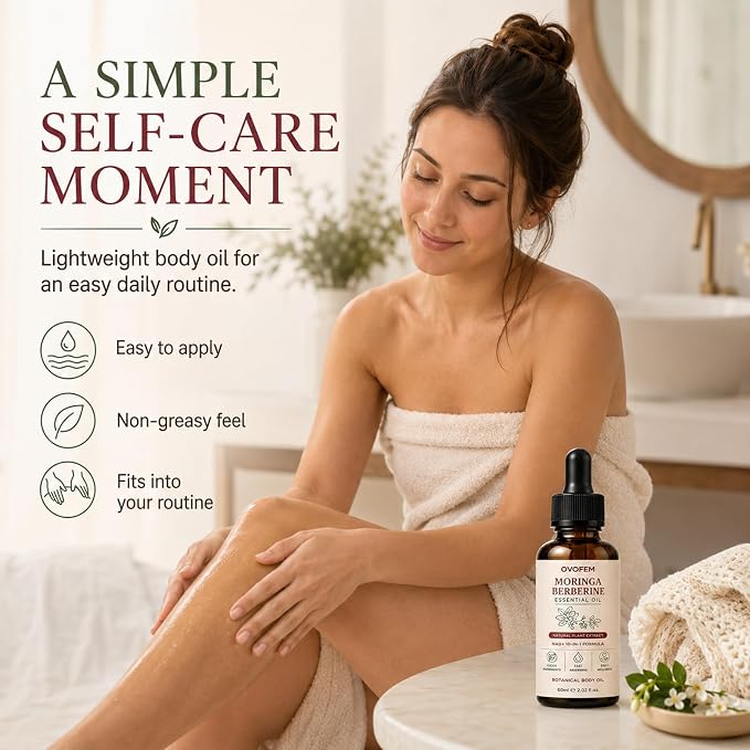 Ovofem Moringa Berberine Essential Oil, NAD+ 10-in-1 Botanical Body Massage Oil, Nourish and Smooth Skin, Fast-Absorbing Non-Greasy Formula, Daily Body Care Support, 2 fl oz