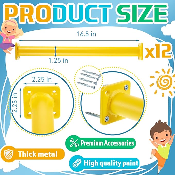Dunzy 12 Pack Monkey Bars Swing Set Accessories Rods Playset Ladder Rungs Hardware Kit Steel Monkey Bar with Screws for Backyard Playground Equipment Mounting Plates(16.5 Inch,Yellow)