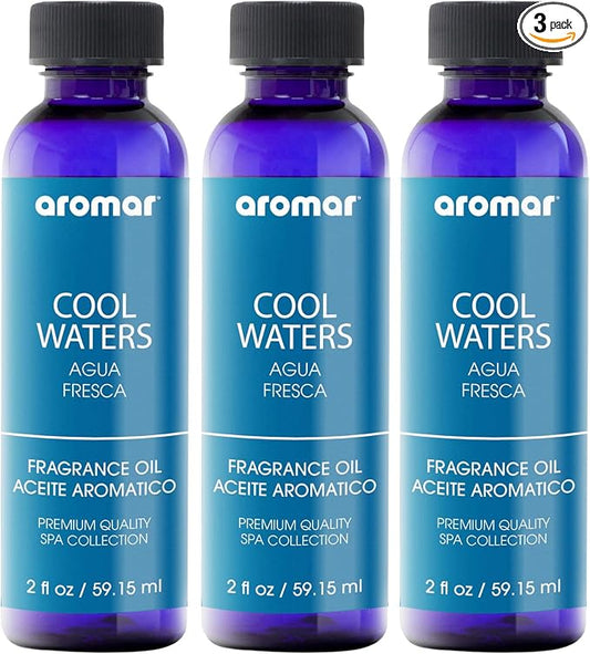 AROMAR Premium Fragrance Oil, Pack of 3 Cool Waters 2oz. Bottles. Long Lasting Aromatic Scent, Fresh and Revitalizing Aromatherapy for Living Room, Bedroom, and Kitchen