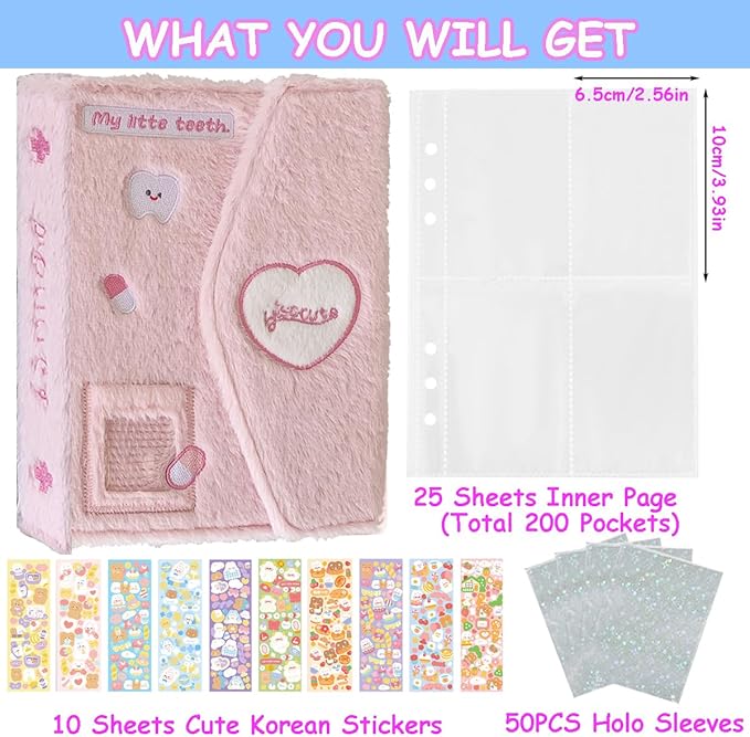 Kpop Photocard Binder with 10 Sheet Cute Korean Stickers & 50 Shinning Protective Sleeves Kpop Photocard Holder Book, A5 Binder Photocard Album 25 Inner Pages with 200 Pockets