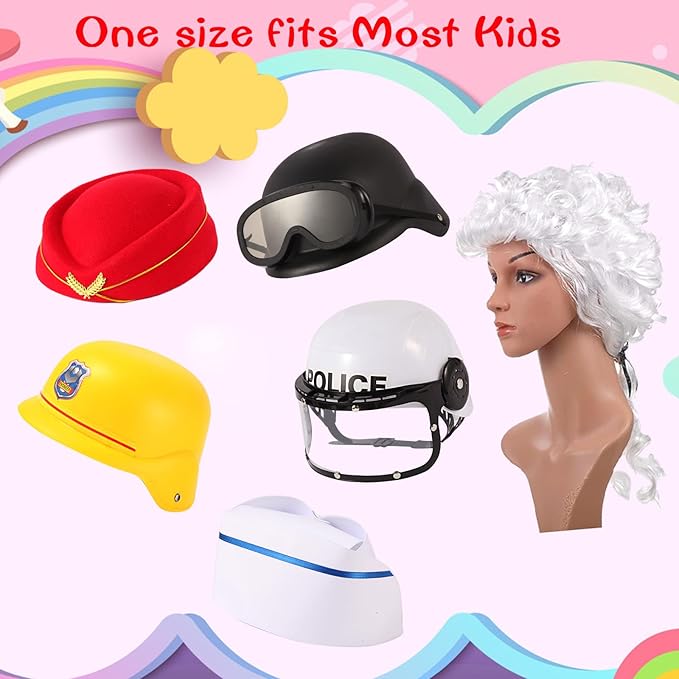 12PCS Pretend Career Hats, Dress Up Role Play Hats, Wigs, Helmets for Kids, Halloween Costume Role Play Dressup Set Police, Builder, SWAT, Army, Soldier, Lawyer, Astronaut, Captain, Chef, Nurse etc.