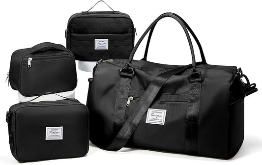 Gym Bag Womens Mens with Shoes Compartment Travel Duffel Bag for Women for Plane Sport Gym Tote Bags Swimming Yoga Weekend Overnight Carry on Bag Hospital Holdalls 4Pcs Set Black