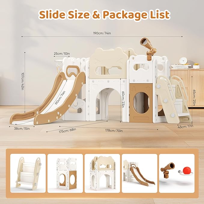 Toddler Slide Indoor, 8 in 1 Indoor Playground for Kids 1-3 Toddler Playset with Climber, Basketball Hoop, Tunnel and Storage Space Kids Outdoor Slide Playset (Coffee)
