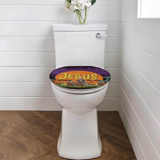 Jesus Pumpkin Skeleton Toilet Lid Cover Elongated for Halloween Decor Bathroom Decoration Accessories Machine Washable Dustproof Toilet Seat Cover for All Saints' Day