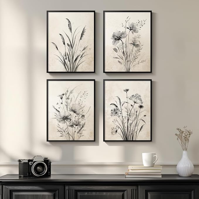 Framed Vintage Rustic Farmhouse Botanical Floral Wall Art, 4 Piece 11x14 In | Retro neutral flower pictures, Waterproof canvas prints, Ready to hang artwork, Kitchen bedroom hallway wall decor
