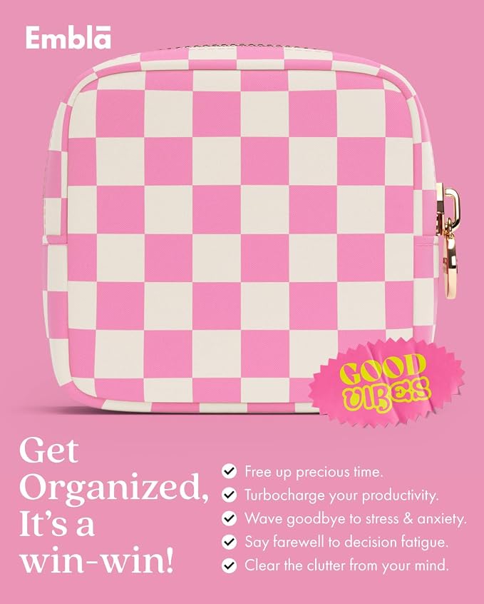 Embla Makeup Bag Travel Cosmetic Bag, Toiletry Bag, Cute Makeup Organizer, Nylon Zipper Pouch Purse Storage Bag Cosmetics Organizer, Womens Make Up Bag Mini Makeup Bags (Flamingo Checkered)