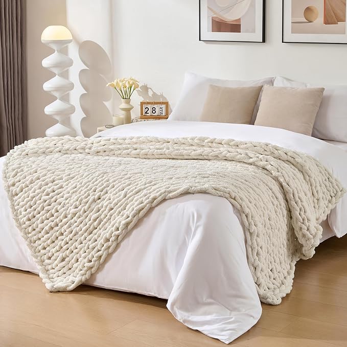 Bigacogo Chunky Knit Throw Blanket for Couch, 80x90 inches, Vintage White | Hand Knit with Jumbo Chenille, Soft Breathable Cable Knit for Sofa Bed Living Room, Machine Washable, Gift for Mom Friend
