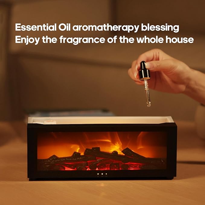 Essential Oil Diffuser Flame Colorful Water Vapor Fireplace Diffusers Fire Humidifier for Aromatherapy Aroma Therapy Machine (Black Fireplace (Long Version)