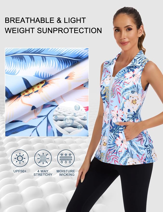 Women's Golf Vest with Pleated Tennis Skirt Hem Lightweight Full Zip Sleeveless Athletic Shirts with Pockets