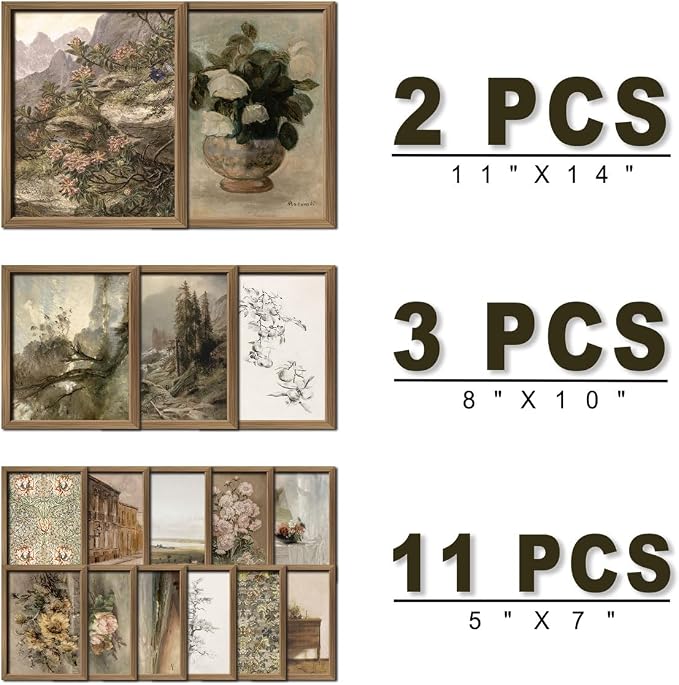 16 PCS Framed Vintage Wall Art Decor, French Country Farmhouse Gallery Wall Frame Set Prints for Bedroom Bathroom, Rustic Landscape Posters for Living Room Aesthetic, Cottagecore Dorm Home Collage Kit