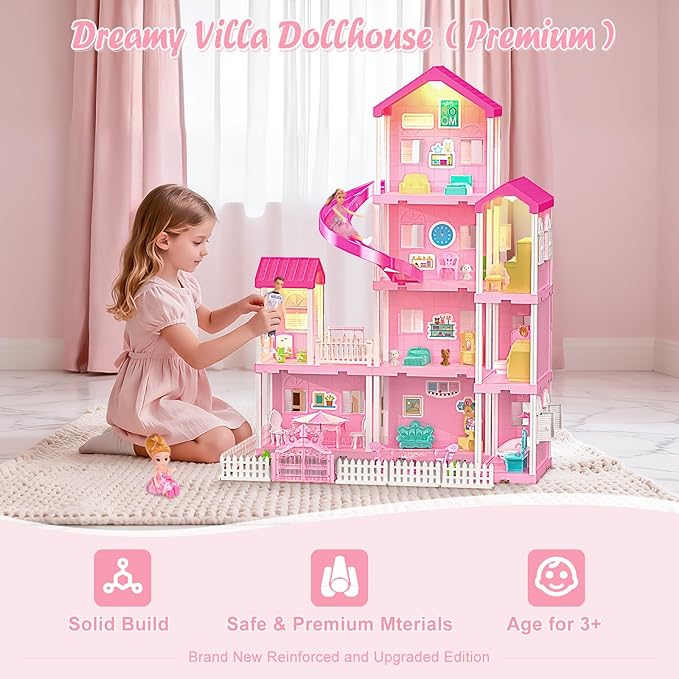 Dreamy Dollhouse Playset for Girls,Princess Doll House with 4-Story 10 areas 2 Dolls, Lights, Pets,Furniture & Accessories, Pretend-Play Toddler Playhouse Gift for 3 4 5 6 7 8 9+ Year Old Girls Toys