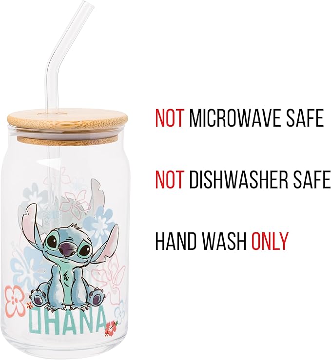 Silver Buffalo Disney Lilo and Stitch Ohana Floral Glass Jar Tumbler with Bamboo Lid and Glass Straw, 16 Ounces (Pack of 12)