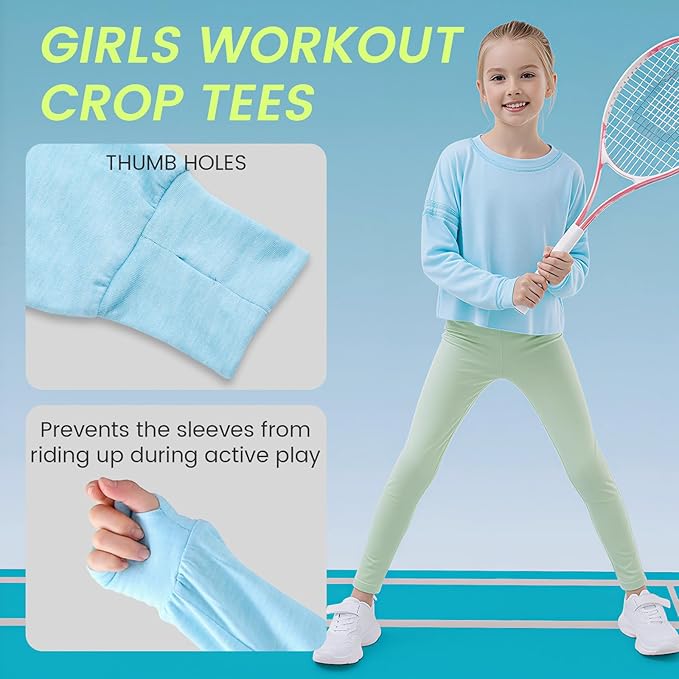 Gogokids Girls Shirts Long Sleeve Athletic Shirts Open Back Tops Active Sports Tshirts Yoga Workout Crop Tees 5-14 Years