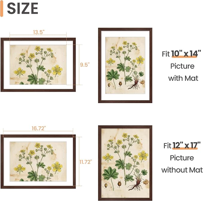 upsimples 12x17 Picture Frame, Display Pictures 10x14 with Mat or 12x17 Without, Wall Hanging Photo Frame, Brown, 1 Pack