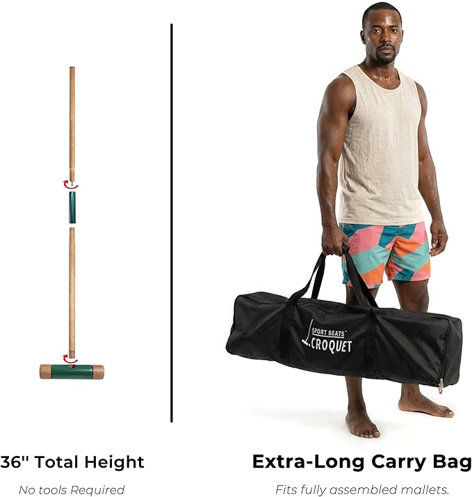 SPORT BEATS Six Player Croquet Set Solid RubberWood 36 Inch Mallets with Carry Case, Six Balls, Nine Wickets, 2 Stakes for Backyard Outdoor Games