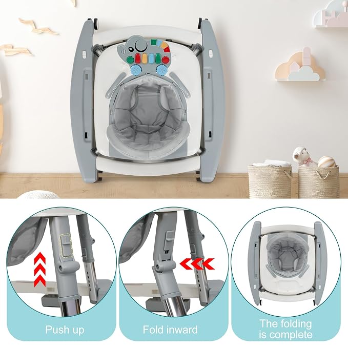 5-in-1 Baby Walker for Boys and Girls Music and Lights 6-18 Months, Foldable Baby Walkers with 5 Adjustable Heights, Infant Toddler Walker with Wheels and Combo Portable（Grey）