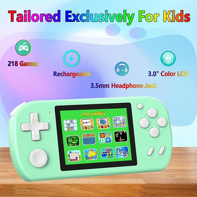 Handheld Games for Kids Built-in 218 Video Games, Portable Kids Travel Toys for Ages 4-13 with Rechargeable Battery 3.0" HD Screen, Mini Gaming Player Birthday Gifts for Boys Girls (Cyan)