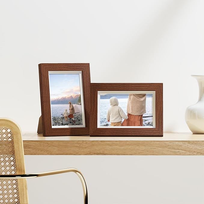 Vittanly 4x6 Picture Frames Set of 9, Wall & Tabletop, Wood Grain Brown | Display Pictures 3.5x5 with Mat or 4x6 without Mat, Small Photo Frames, Engineered Wood with Shatter Resistant Plexiglass